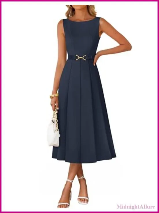 Sleeveless Midi A-Line Dress with Tie Waist, Boat Neck, Side Pockets, Back