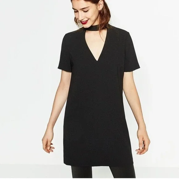 Zara Woman Black Dress Cut Out Choker Neck Short Sleeve Mini‎ Medium