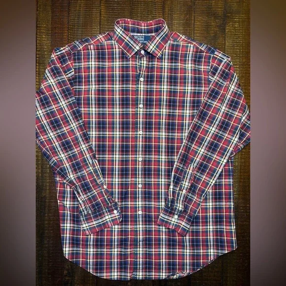 Polo Ralph Lauren Regent Classic Fit Plaid Shirt Men XL Red Navy Tartan Long Slv