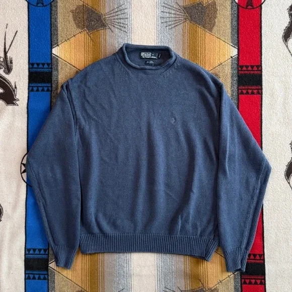 Polo Ralph Lauren Mens Linen Cotton Knit Sweater Blue Rolled Mock Neck Large