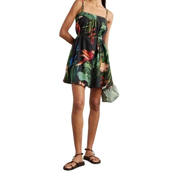 Farm Rio Black Tropical Toucan Mini Dress XL Beaded Straps Linen Blend SN 331864