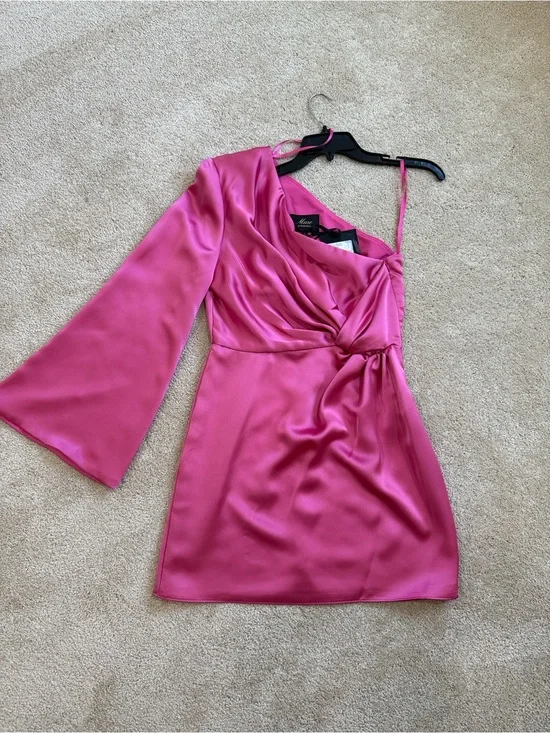 Muse by Marchesa Radiant Sunset Punch Pink One-Shoulder Satin Mini Dress