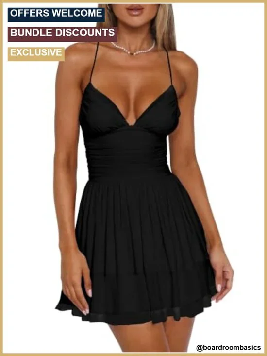 Sleeveless V-Neck Ruffle Hem Party Mini Dress Ruched Bodycon Spaghetti Strap
