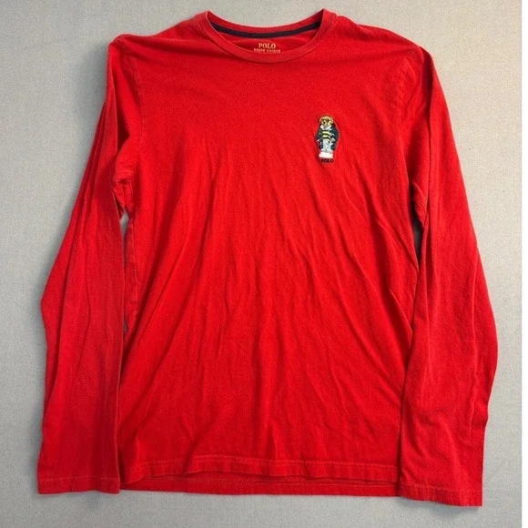 Polo Ralph Lauren Mens Red Polo Bear Long Sleeve T-Shirt Size Medium Cotton