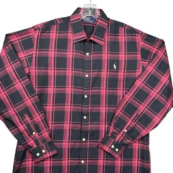 Polo Ralph Lauren Shirt Men's 2XL Pink Black Plaid Long Sleeve Button Down Pony