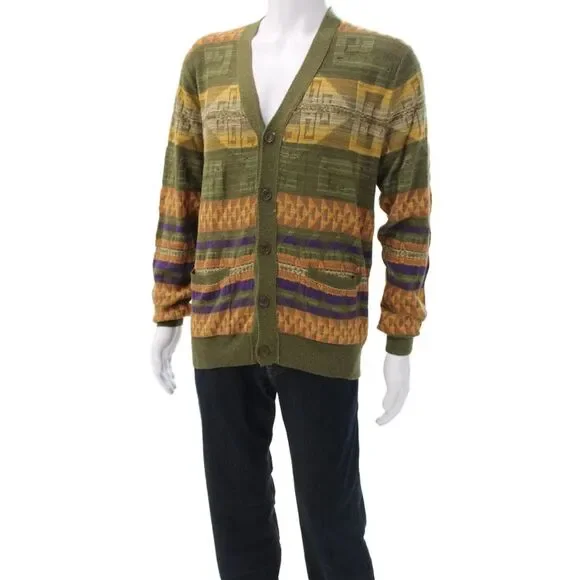 Polo Ralph Lauren Men Cardigan Green V Neck Geometric Cotton Long Sleeve Size L
