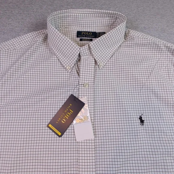 Polo Ralph Lauren Mens XXL Classic Fit Performance Shirt White Brown Windowpane