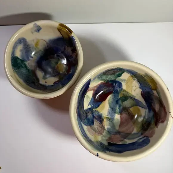 D.K. Clay Pottery of the Carolinas Artisan Studio Painted Pottery Bowls Set of 2