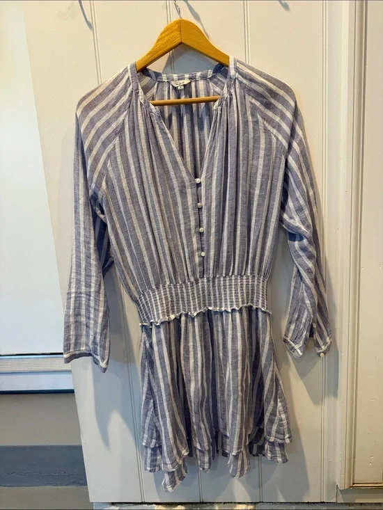 Rails Blue and White Striped Long-Sleeve Smocked-Waist Dress