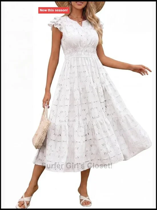 Wedding Guest Dress V Neck Tiered Midi Ruffle Sleeve High Waist Summer Dress