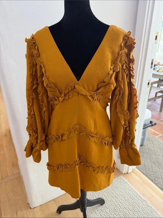 C/MEO Collective Mustard Ruffle V‑Neck Mini Dress