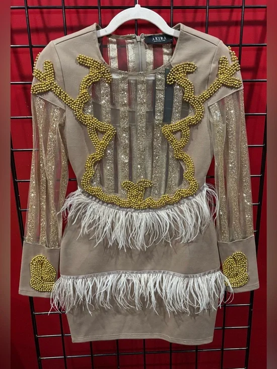 AKIRA Taupe Mini Dress with Gold Beaded Detail & Feather Trim