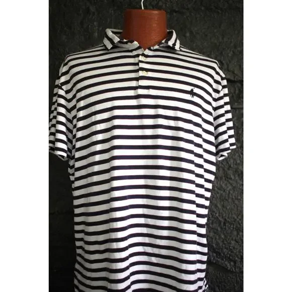 Polo Ralph Lauren Custom Slim Fit Polo Shirt XL White Navy Striped Pony Logo