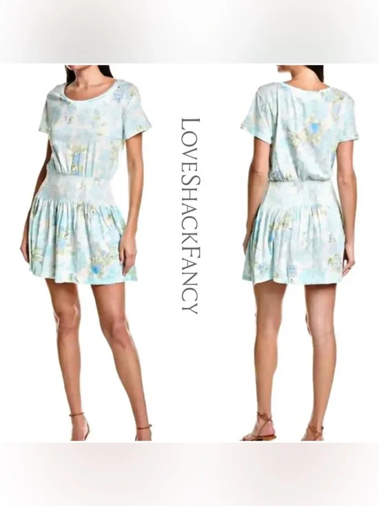 LoveShackFancy Amore Mini Dress- Womens- Size S- Blue White Green