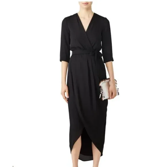 Amanda Uprichard Black Timeless Wrap Dress NO Belt Pleated Elastic Waist Size 1X