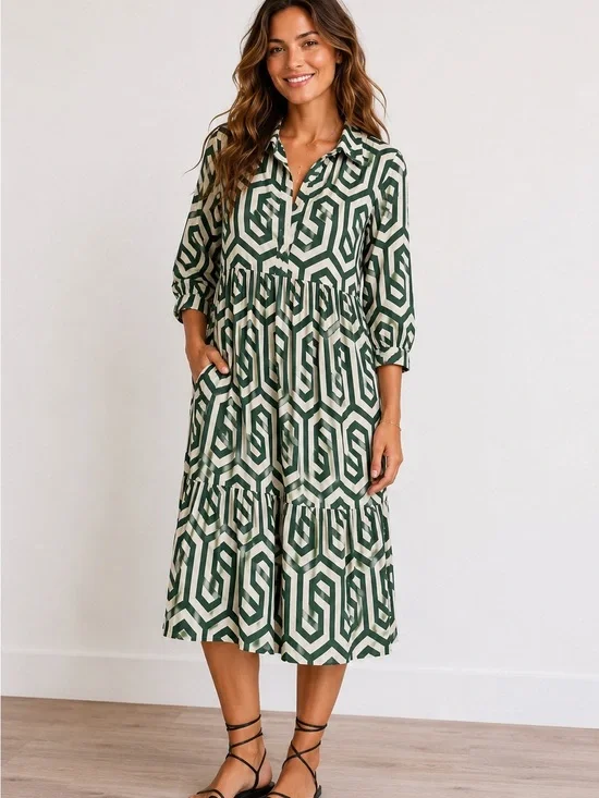 Zara The Karen Green Ivory Geometric Print Tiered Midi Dress, Size Large
