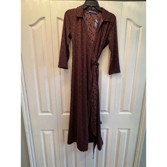 J.McLaughlin Ruthie Wrap Dress Brown Multi Block Party Paisley Midi Collared S