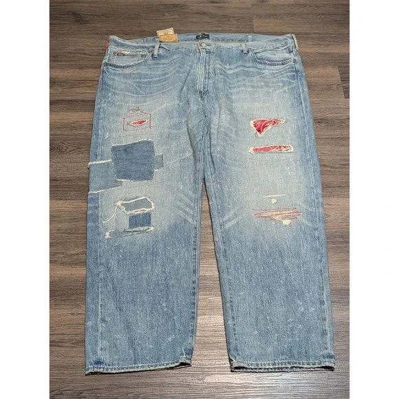 Polo Ralph Lauren Varick Slim Straight Patchwork Bandana Distressed Jeans 50Bx30