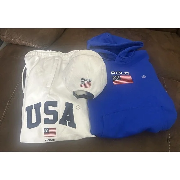 Polo Ralph Lauren Flag Fleece Hoodie Blue Pants & Hat  USA Embroidered Men's 3PC