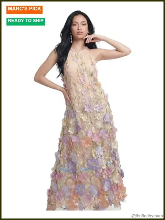 3D Floral Embroidery Maxi Dress, Elegant Tulle Gown, 95% Polyester 5% Elastane