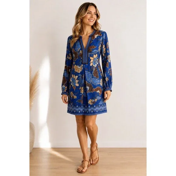 Hale Bob Blue Lotus Floral Beaded Dress NWT XS