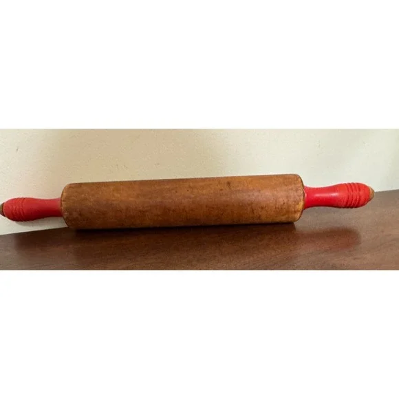Antique Wood Rolling Pin Painted Red Handles 17.5