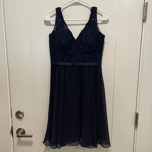 Mori Lee Madeline Gardner Navy Blue Lace Chiffon Cocktail Dress 10 Bridesmaid