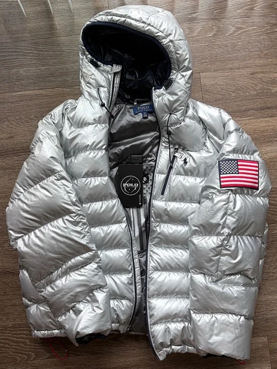 Polo by Ralph Lauren Heated Puffer Silver Quilted Jacket with Navy Trim