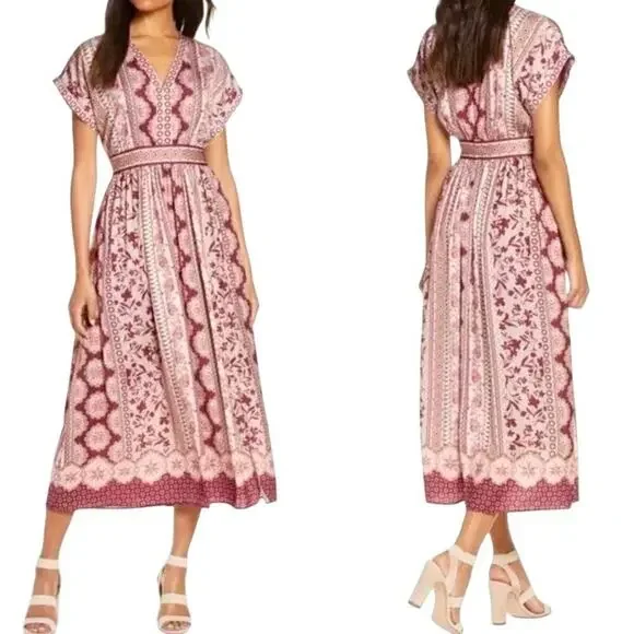 Gal Meets Glam Dress Liza Floral Midi Pink Burgundy Short Sleeve Modest 6