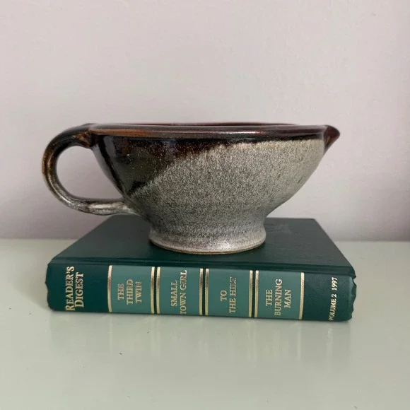 Studio Pottery Batter Bowl Handled Spout Stoneware Brown Speckled Glaze Vintage
