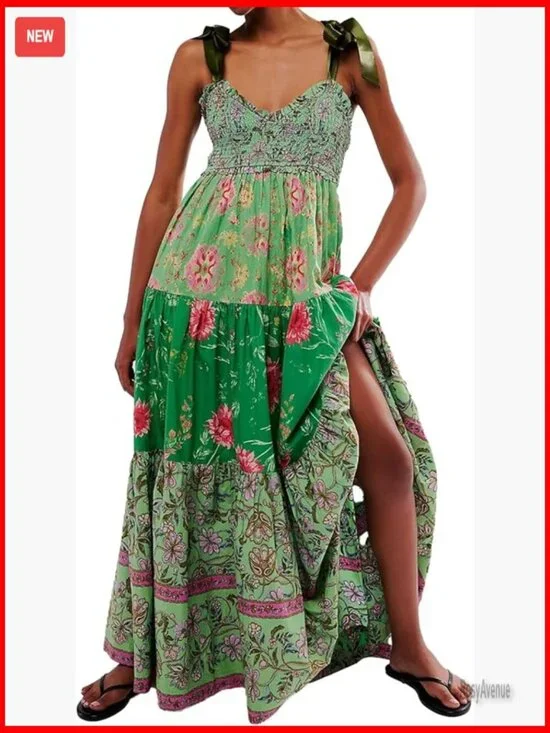 Women's Maxi Dress with Pockets, Smocked Bodice, Tie Shoulder Straps, Boho