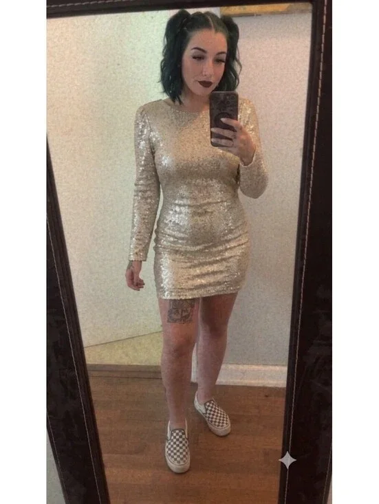 Club L London Cream Gold Sequin Long Sleeve Mini Dress Open Back Bodycon Size 6