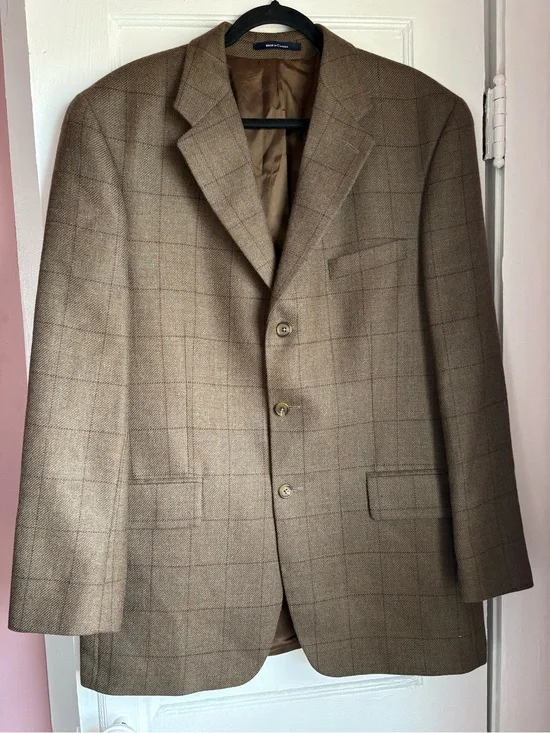VTG Polo University Club Ralph Lauren Wool Windowpane Blazer Brown 43T Tall