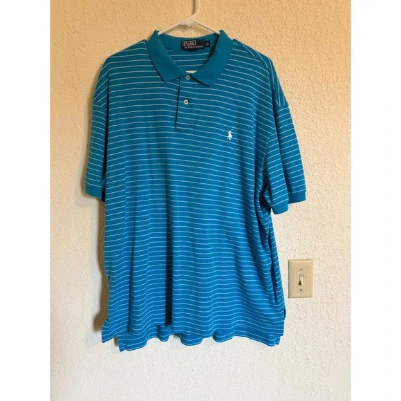 Polo Ralph Lauren Mens XL Blue White Striped Short Sleeve Cotton Polo Shirt