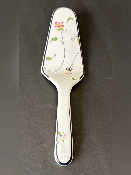 Floral Ceramic Cake Server in White with Pink & Green Accents