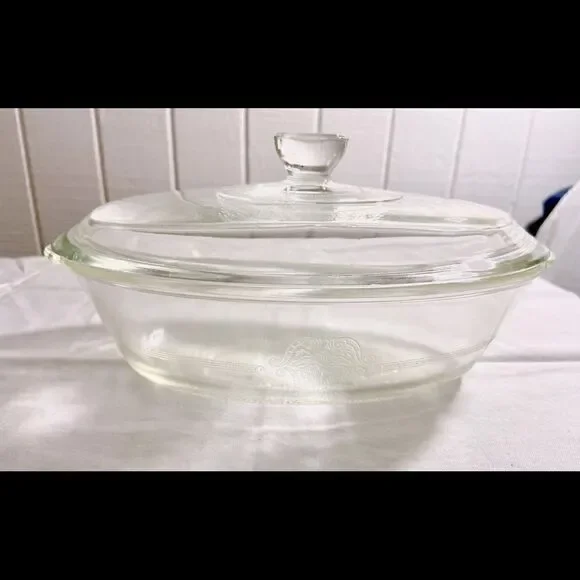 Vintage GLASBAKE Oval Dish and Lid Clear Etched Design. Used In Upcoming Film!