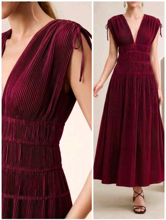 New Luxe Tie Shoulder Pleated Maxi Dress Sleeveless Burgundy Red