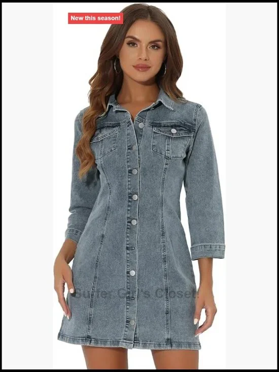 Womens Denim Mini Dress 3/4 Sleeve Button Down Fitted Casual Western Style