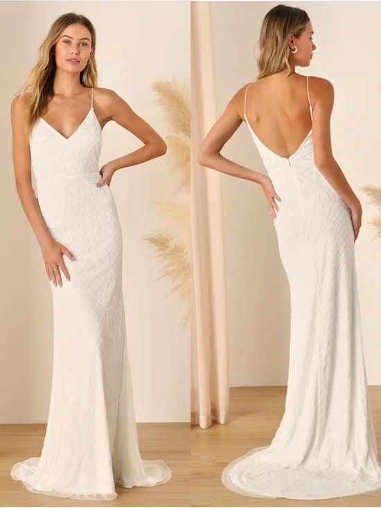 LULU'S Cherished Vow White Beaded Backless Mermaid Maxi Dress
