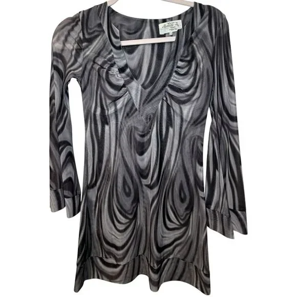Y2K Gray/Black Abstract V-Neck Long Sleeve Mini Dress