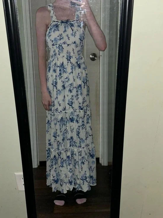 Inspired Hearts Cream Maxi Dress with Blue Floral Print