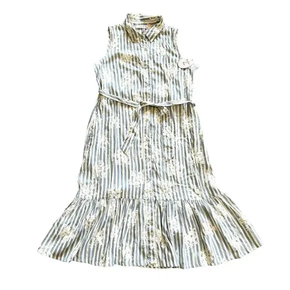 NWT Harlow & Rose Maxi Dress Women’s Medium Floral Striped White Blue Broomstick