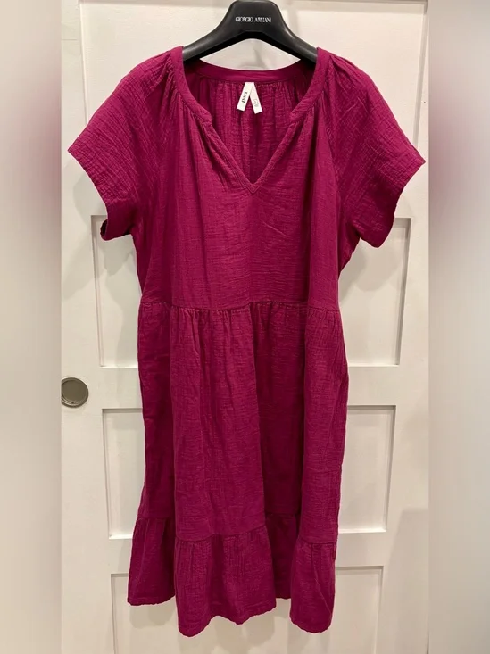 Pact Magenta Tiered Midi Dress