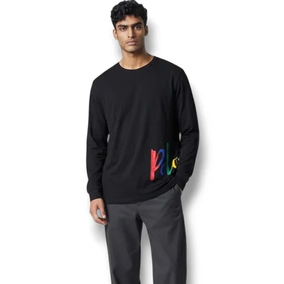 Polo‎ Ralph Lauren Mens Black Long Sleeve Rainbow Script Logo Graphic T-Shirt M