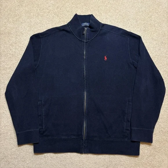 Polo Ralph Lauren Sweatshirt Mens Large Navy Full Zip Mock Neck Pony Logo Fleece
