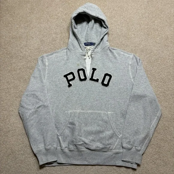 Polo Ralph Lauren Hoodie Sweatshirt Mens Large Gray POLO Logo Fleece Spellout