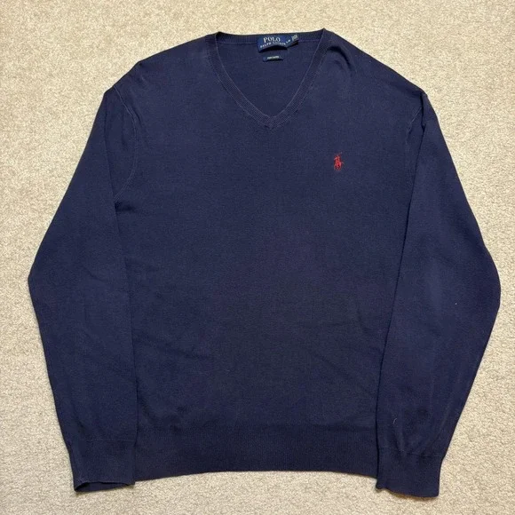 Polo Ralph Lauren Sweater Mens Large Navy Blue Pima Cotton V Neck Pony Logo