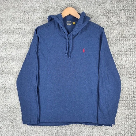 Polo Ralph Lauren Mens Blue Long Sleeve Hooded T Shirt Size Large Red Pony Logo