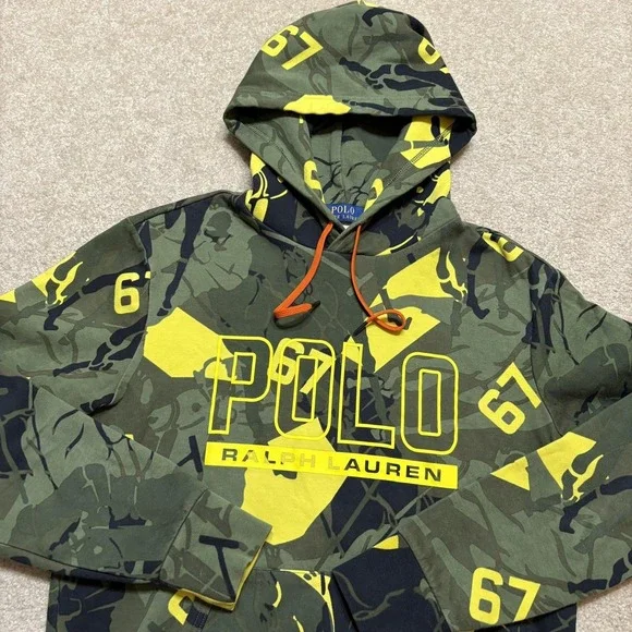Polo Ralph Lauren Hoodie Sweatshirt Mens Small Green Camo Polo Logo Double Knit