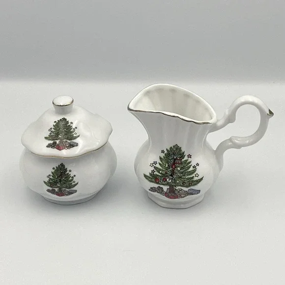 Vintage 1980s‎ Christmas Tree Creamer & Sugar Set Taiwan Porcelain Gold Trim